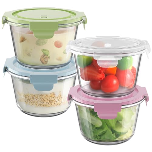 16oz Glass Meal Prep Containers, Airtight 2 Cup Glass Storage Containers with Lids, Heat-Resistant BPA-Free Borosilicate Glass Soup Container for Leftover, Microwave, Dishwasher&Freezer Safe (4 Packs) - color: Multicolor+Clear, size: 16oz