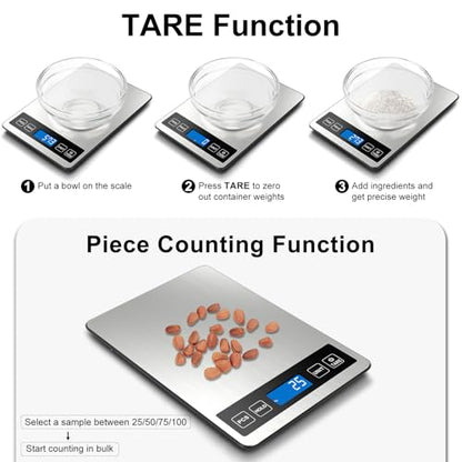 Fuzion Food Scale, 22lb/0.1oz Digital Kitchen Scale - 7 Units, Tare & PCS | Rechargeable Power, Tempered Glass & Stainless Steel - Digital Food Scale Grams and Ounces for Weight Loss, Baking, Cooking - color: Silver Blue