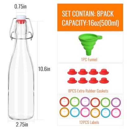 16 oz Swing Top Glass Bottles 8 Pack, Flip Caps with Rubber Seal | Airtight, home brewing/kombucha, beverages/oil/vinegar, wine/cider/soda, reusable stopper lids - size: 16oz-8Pack