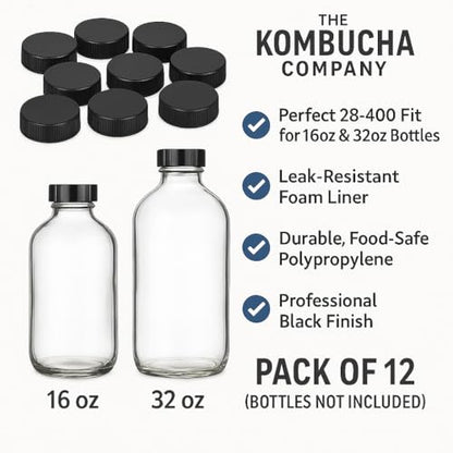 Black Polypropylene Screw Cap with Foam Liner, 28-400 Size, Fits Many 16oz & 32oz Bottles Including Boston Rounds, Good for Kombucha, Juice, Pack of 12 (Bottles Not Included) - size: 12 Pack