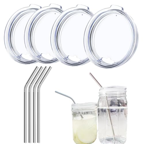 4 Pack 3-inch Wide Mouth Mason Jar Lids with Stainless Straw, Compatible with Ball 16oz，32oz Wide Mouth Mason Jars Cover, Reusable Lids with Straw Hole (Jars Not Included) (4 pack)
