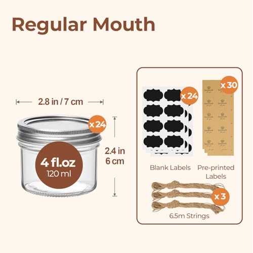 ComSaf 4 oz Mason Jars Bulk Set, 24 Pack Regular Mouth Jars with Lids | BPA-Free Materials, Spice Rack, Small Jam, Honey Samples, Wedding Favors, DIY Candles, Labels and Twine - size: 4oz*24 regular mouth