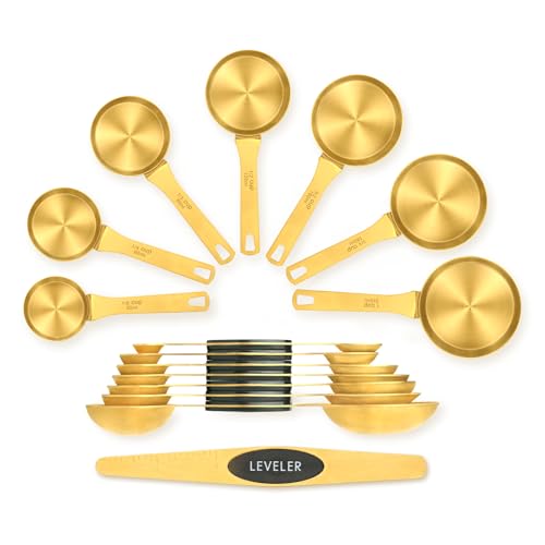 Magnetic Measuring Cups & Spoons Set for Cooking, 15pcs | 7 Gold Measuring Cups, 7 Double-Sided Measuring Spoons & 1 Leveler, Gold Baking Kitchen Gadgets for Dry & Liquid Ingredients