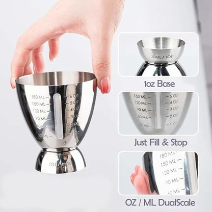 Cocktail Measuring Jigger for Bartending with Graduated Markings 1 oz to 6oz Heavy Duty 18/8 Multi-Unit Measure Stainless Steel Shot Measure Cup Pack of 2 - color: #2 Silver 2PCS