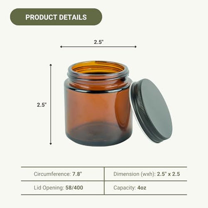 Glass Amber 4oz Jar - 12 Packs, Lead-Free Empty Round Jars For Beauty Products, Lotion, and Powders - Black Lid - Small Candle Jars - size: 4oz