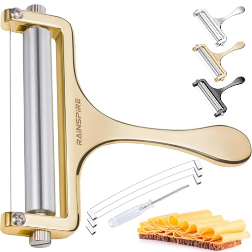 Rainspire Upgraded Cheese Slicer with Replaceable Wires Stainless Steel Cheese Slicers for Block Cheese Adjustable Cheese Cutter for Mozzarella, Cheddar, Gruyere Charcuterie Accessories, Gold - color: Gold