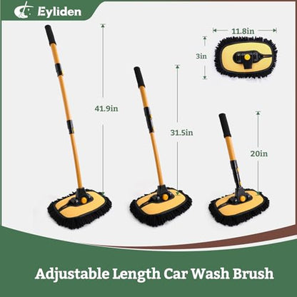 Eyliden Car Wash Brush Mop with Long Handle for Car Truck RV, Yellow | 90° Swivel Head with 45° Angle Lock, 2 Scratch-Free Microfiber Heads, Car Detailing Kit, 41.9" Adjustable Handle - color: Yellow & Black