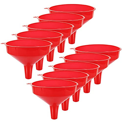 10Pcs Plastic Funnel Set, 6.3 Inch Wide Mouth Red Fuel Funnels for Automotive Oil & Gas, Large Multipurpose Tool for Garage, Kitchen, Garden & Fluid Transfer