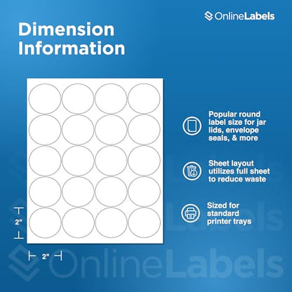 OnlineLabels 2" Round Labels – Permanent Adhesive, White Matte – for Jar Lids, Product Packaging, & Favors – for Inkjet & Laser Printers – Pack of 2,000 Labels, 100 Sheets OL5375WX - size: 100 Sheet Pack