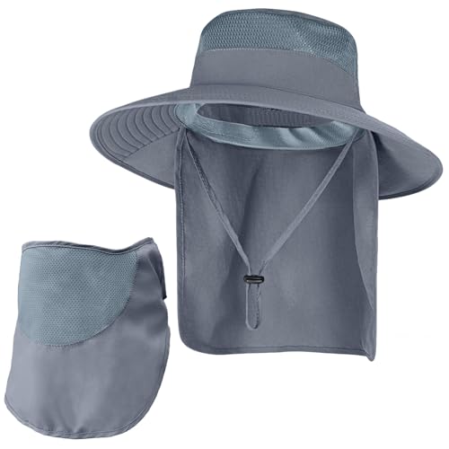 Sun Hats for Men Women Fishing Hat UPF 50+ Breathable Wide Brim Bucket Hats Summer UV Protection Safari Hat with Neck Flap - color: Dark Grey (With Face Cover)
