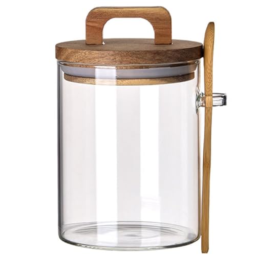 Coriario 32 OZ Glass Jar with Airtight Lid Spoon Clear Glass Storage Jars Wooden Lids Wide Mouth Glass Coffee Canister for Food Kitchen Candy Sugar Tea - color: clear handle-32oz