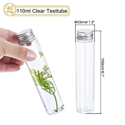 PATIKIL 40Pcs 110ml Plastic Test Tubes with Screw Caps, 155x33mm Tubes Aluminum Lid, for Scientific Experiments Party Decoration Candy Bead Storage Bath Salt