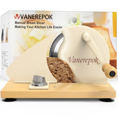 vanerepok Manual Bread Slicer Adjustable Thickness for Homemade Sourdough | Hand Crank Bread Cutter with Scale & Stable Suction Cups & Wood Base for Even Slicing Perfect Baking Gift for Home Bakers - color: White
