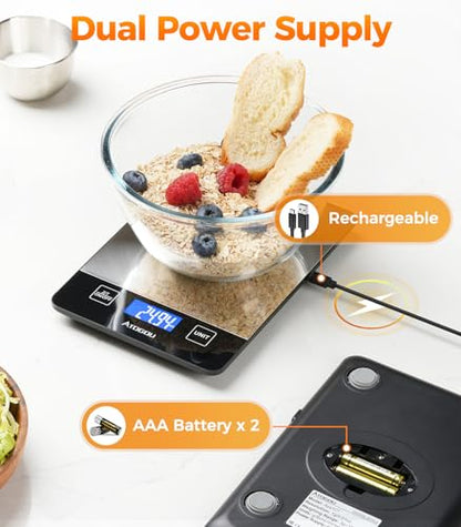 Atogou Food Scale - 33lb Digital Kitchen Scale Ounces Grams, Rechargeable & Full-View Display, Water-Resistant, Batteries or USB-C Charging, Stainless Steel, for Cooking, Meal Prep, Package (Black) - color: Black