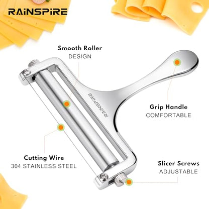Rainspire Upgraded Cheese Slicer with Replaceable Wires Stainless Steel Cheese Slicers for Block Cheese Adjustable Cheese Cutter for Mozzarella, Cheddar, Gruyere Charcuterie Accessories, Silver - color: Silver