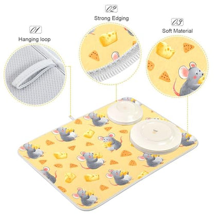 Funny Mouse Cheese Dish Drying Mat for Kitchen Counter Absorbent Dish Drainer Mat Heat Resistant Dishes Drying Pad 16x18 inch - size: S 16x18in