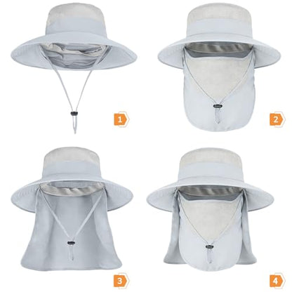 Sun Hats for Men Women Fishing Hat UPF 50+ Breathable Wide Brim Bucket Hats Summer UV Protection Safari Hat with Neck Flap - color: Light Grey (With Face Cover)