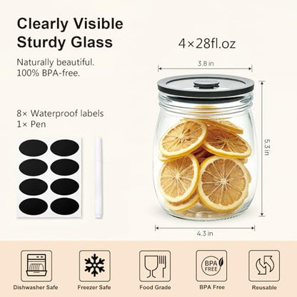 Flrolove 4 Pack Glass Canisters with Airtight Lids 28 oz, Glass Storage Containers with Lids, Wide Mouth Mason Jars for Salad, Cookie, Overnight Oats, Canning, Sause, Fermentation, Pickling Jars