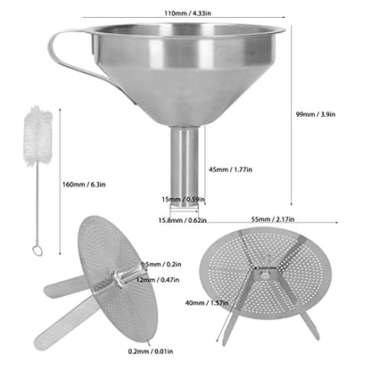 Stainless Steel Kitchen Funnel, Kitchen Funnel Food Grade Metal Funnel Multi Use Premium Metal Cooking Funnels with Strainer Brush for Filling Bottles Transferring Liquid Oil Milk