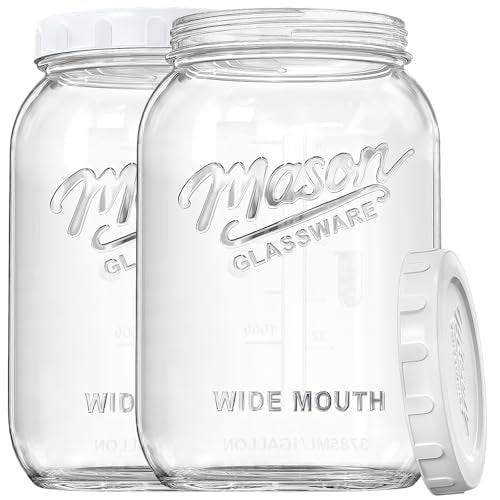 2 Pack Wide Mouth Mason Jars with Airtight Lid and Silicone Ring - 1 Gallon Large Glass Containers for Food Storage like Flour Sugar, Sun Tea, Kombucha, Refrigerator Safe Fermentation Jar