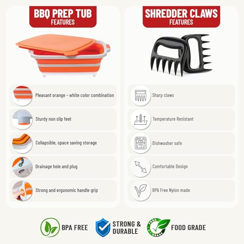 Medium 8L BBQ Prep Tub with Lid & 2 pcs Meat Shredder Claws, Collapsible Cutting Board for Brisket, BBQ Tray for Meal Prep marinating, Versatile Kitchen Container for Meat & Food storage