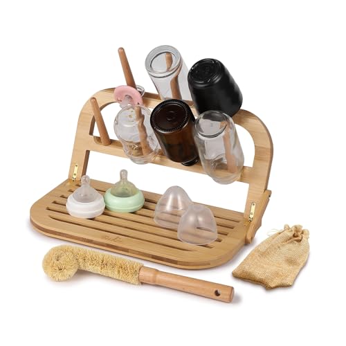 Bamboo Baby Bottle Drying Rack - Space Saving Bottle Dryer & Holder