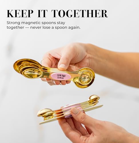 Pink Magnetic Measuring Spoons Set - 8-Piece Dual-Sided Stainless Steel Spoons, Stackable and Spice Jar Friendly – Stylish Pink Kitchen Accessories for Cooking and Baking - color: Pink & Champagne Gold