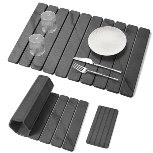 2 PCS Large Stone Dish Drying Mat for Kitchen Counter, 24"×16" Marble-Pattern Dish Drying Mat with 8"x 4" Coasters, Non - Slip Collapsible Absorbent Mat for Multi - Purpose, Match Any Countertop【Gray】 - color: Marble Gray, size: 24" x 16"