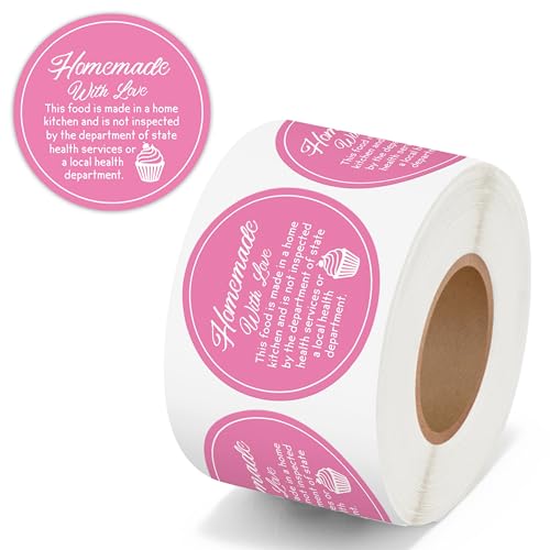PANTIDE Cottage Food Law Labels Stickers - 500 Count Homemade with Love Adhesive Round Decal Roll, Made in A Home Kitchen Inspection Statement Thermal Printed for Food Packaging (2 x 2 Inch, Pink) - color: Food Law Pink