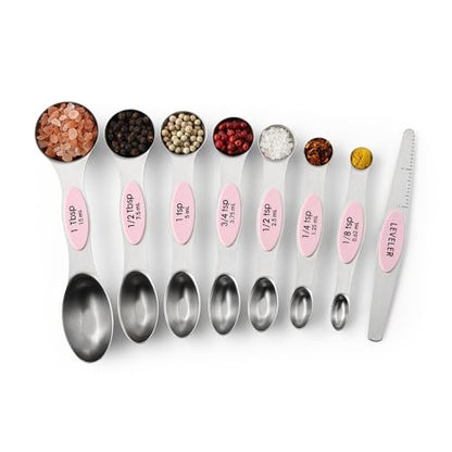 Spring Chef Stainless Steel Magnetic Measuring Spoons Set of 8 with Leveler, Dual Sided Teaspoon & Tablespoon Measuring Spoons with Strong Magnets, Kitchen Gadgets for Baking & Cooking - Pink Lemonade - color: Pink Lemonade, size: 1-Pack