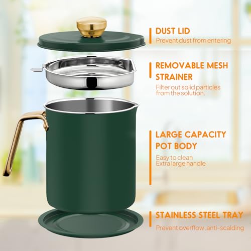 Chihee Grease Container Stainless Steel 2L / 67.6 fl oz Fine Mesh Strainer | Easy to Clean Large Spout Bacon Grease Saver Cooking Oil Keeper Stoarge Can with Dust-proof Lid Non-slip Tray Kitchen Frying - color: Dark green/Golden(2L)
