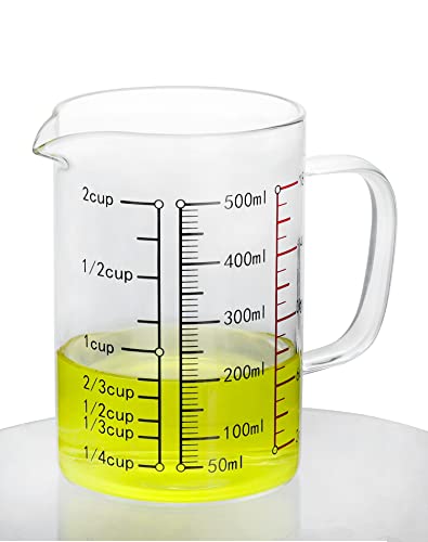 QWORK Glass Measuring Cup, 2 Pack 500ML (18 Oz, 2 Cup), High Borosilicate Glass Scale Cup with Handle and Durable Bamboo Lid, for Kitchen or Restaurant - size: 2 Pack