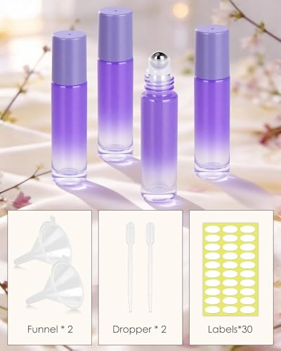 Worldgsb 12 Pack Essential Oil Roller Bottles, 10ml Refillable Glass Roller Bottles with Stainless Steel Roller Balls and Caps for Travel, Perfume and Lip Gloss Purple Gradient - color: Purple-Gradient, style: 12 Pack