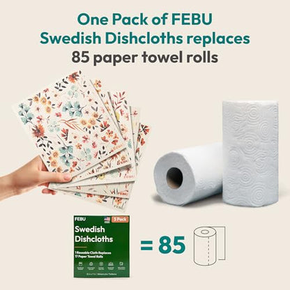 FEBU Swedish Dishcloths for Kitchen | 5 Pack Stamps Reusable Paper Towels Washable | Swedish Dish Towels | Non-Scratch Cellulose Sponge Cloths | No Odor, Biodegradable Cleaning Cloths - color: Stamps