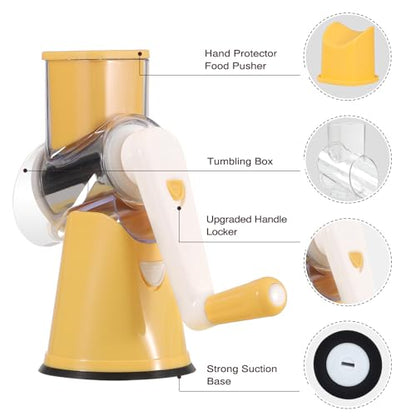 Cambom Rotary Cheese Grater Hand Crank Cheese Shredder for Fresh Cheese, Vegetable, Nuts,Non-slip Suction Base, Free Cleaning Brush Three Blades,Yellow - color: Yellow, size: 3 BLADES