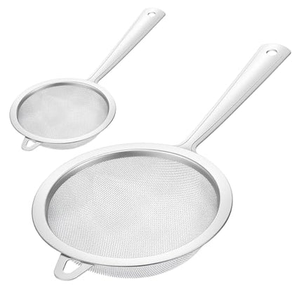 2 Pack Sieve Fine Mesh Stainless Steel, Mesh Strainer with Handle, Fine Meshes Strainers for Cooking Tea Food Strainer, 2 Sizes