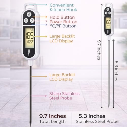 Digital Food Thermometer – Instant Read Meat Probe with LCD Display, °C/°F Switch, Long Stainless Steel Sensor for BBQ, Grill, Oven, Baking & Cooking Thermometer TP300 White - color: White