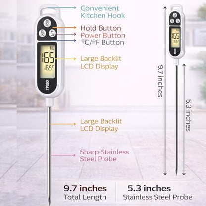Digital Food Thermometer – Instant Read Meat Probe with LCD Display, °C/°F Switch, Long Stainless Steel Sensor for BBQ, Grill, Oven, Baking & Cooking Thermometer TP300 White - color: White