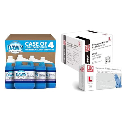 Dawn Professional Dishwashing Liquid Soap Detergent & Basic Medical Blue Nitrile Exam Gloves - Latex-Free & Powder-Free - NGPF-7003 (Case of 1,000), Large