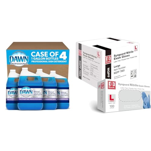 Dawn Professional Dishwashing Liquid Soap Detergent & Basic Medical Blue Nitrile Exam Gloves - Latex-Free & Powder-Free - NGPF-7003 (Case of 1,000), Large