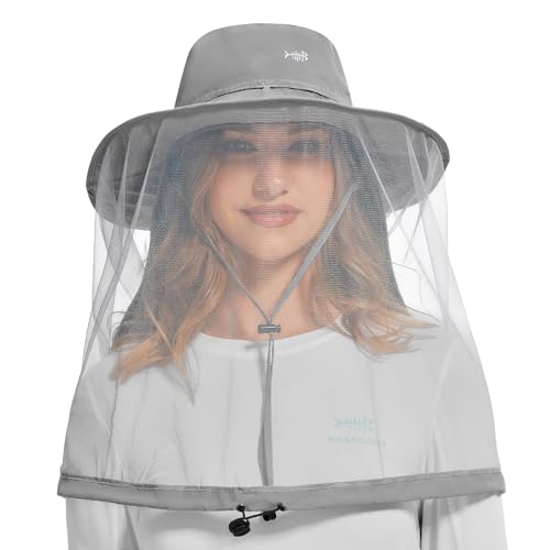 BASSDASH UPF 50+ Mosquito Net Hat with Stowable Neck Flap for Men Women Outdoor Fishing Hiking Camping Gardening FH17 - color: Light Grey, size: Medium