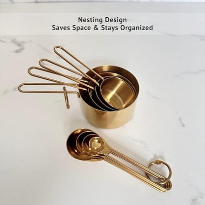 Gold Measuring Cups and Spoons Set, Stainless Steel Measuring Cups, 8 Piece Gold Kitchen Measuring Set, Engraved Measurements, Durable Nesting Design - color: Gold