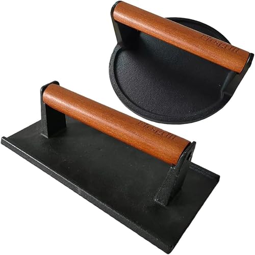 Firsgrill Burger Press 6.6" Round Heavy-Duty Cast Iron Smash Meat Steak with Wood Handle for Blackstone Weber Treager Griddle Grills (YPX) (Flate 6.5" Round & 4.3X8.3 Rectangle) - color: Flate 6.5" Round & 4.3X8.3" Rectangle