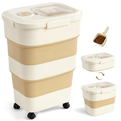 ZOMISIA 40-50lbs Dog Food Storage Container, Large Capacity Collapsible Airtight Pet Food Storage Containers with Rolling Wheels, Transparent Lid, Scoop and Date Track, Khaki - color: Khaki