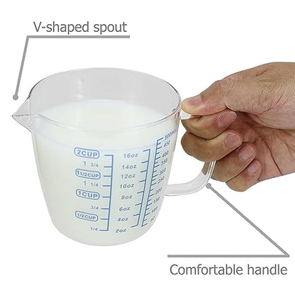 EIKS Glass Measuring Cup with Lid, Easy Grip Handle and V-Shaped Spout, Three Measurement Scale(OZ, Cup, ML), Coffee Milk Frothing Pitcher Latte Maker in Kitchen Restaurant (500ML)