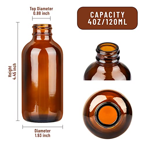 PINIWON 12 Pack 4 oz Amber Glass Bottles, 120ml Boston Round Sample Bottles with Black Poly Cone Caps, Labels, Funnels and Brush - color: Amber-12 pack