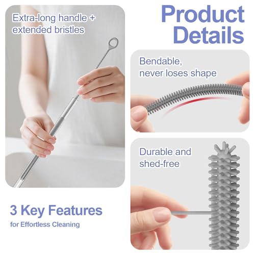 YOTIME Straw Cleaner Brush Extra Long 12.6 inch, 2Pcs Reusable Silicone Straw Brush for Sippy Cup, Water Bottle and Tubes, 6mm+9mm, Gray - color: Gray