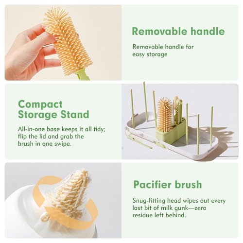 Baby Bottle Brush Set - Baby Bottle Cleaner Kit with Nipple Brush, Silicone Bottle Brush, Straw Cleaner Brush, Soap Dispenser, Bottle Drying Rack - 7 in 1 Bottle Cleaning Tool Set for Home and Travel - size: Large