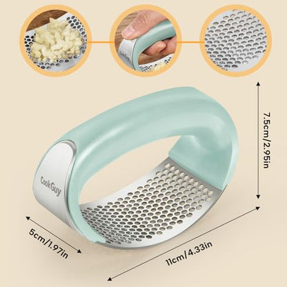 Cook Guy 304 Stainless Steel Garlic Press Rocker Set - Premium Garlic Mincer, Crusher, Peeler, and Scraper Tool for Effortless Mincing - Comfortable Grip Garlic Grinder (Green) - color: Green