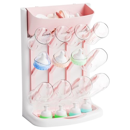 Yieach Larger Vertical Baby Bottle Drying Rack - BPA Free - Space Saving Feeding Bottles Drying Rack Holder for Countertop,Baby Bottle Holder Storage Station for Pacifiers,Pump Accessories Stand,Pink - color: Pink